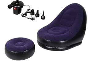 2-in-1 Blue/Black Lounge Sofa Bed Set, Folding Portable Inflatable Lazy Flocking Recliner Chair with Footstool and Air Pump -