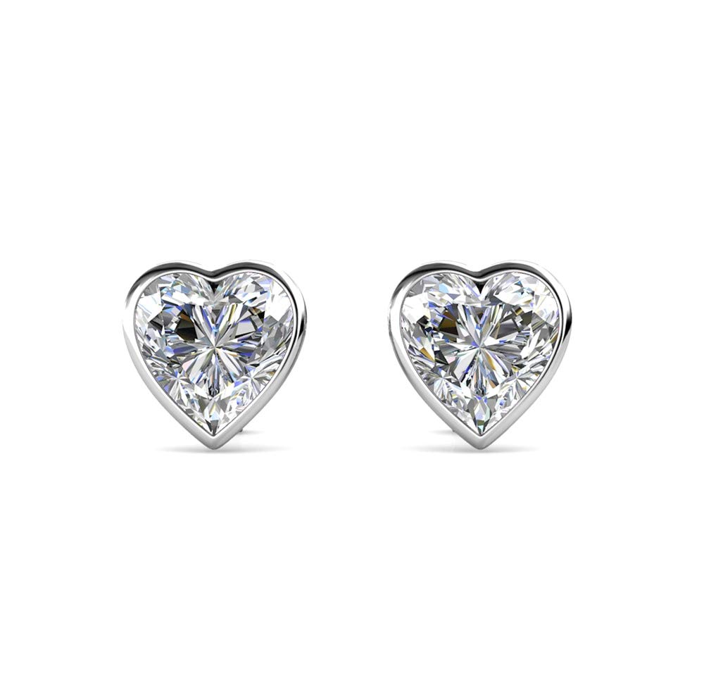 Silver Heart Small Stud Swarovski Crystal Earrings - Rhodium Plated for Women's or Girl's Gift