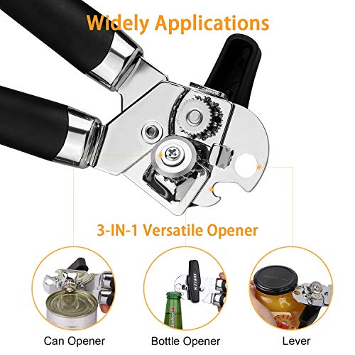 Manual Can Opener, HAUSPROFI Food Grade Stainless Steel 3-IN-1 Handy Can Bottle Openers with Smooth Edge, Non-electric Can Jar Opener Kit with Anti Slip and Ergonomic Hand Grip