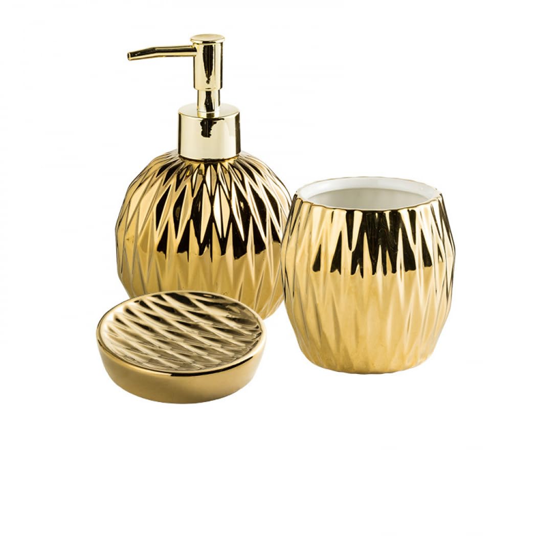 YYW Bathroom Accessory Set with Lotion Dispenser, Toothbrush Holder, Toothbrush Cup, Soap Dish 3/4 Pieces Modern Luxury Housewares Refillable Bathroom Soap Dispenser Set (Three-Piece Set - Gold)