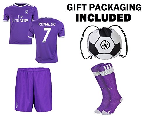 JerzeHero Real Madrid Ronaldo #7 Youth Kids Soccer Jersey 4 IN 1 Gift Set ✓ Soccer Jersey ✓ Shorts ✓ Socks ✓ Drawstring Bag ✓ Home or Away (YL 10-13 yrs, Ronaldo #7 Away Short Sleeve)