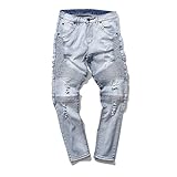 Feinste Men's Slim Fit Distressed Denim Biker Jeans (30W, Light Blue)