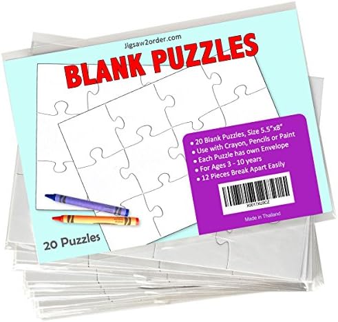 Jigsaw2order 12 piece Blank Puzzle Craft Activity, Pack of 20 Puzzles, size 5.5" x 8" with Individual Envelope