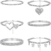 Laumoi 6 Pcs Ankle Bracelets for Women Christmas Rhinestone Stretch Anklet Heart Ankle Bracelets Anklet Jewelry Crystal Foot Chain(Silver, Heart Style)