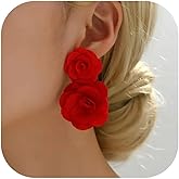 Red Rose Earrings for Women Pearl Dangle Gold Accent Valentines Day Daily Party Fashion Jewelry Gifts