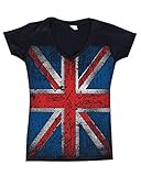 Shop4Ever® Union Jack Vintage British Flag Women's V-Neck United Kingdom Flag Shirts SLIM FIT