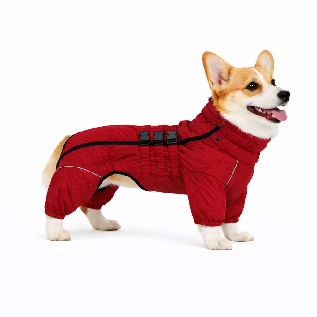 Warm Double Layers Dog Vest - 4 Legs Covered Windproof Waterproof Reflective Coat, Outdoor Skating Costume for Corgis Dachshund - Red D-S