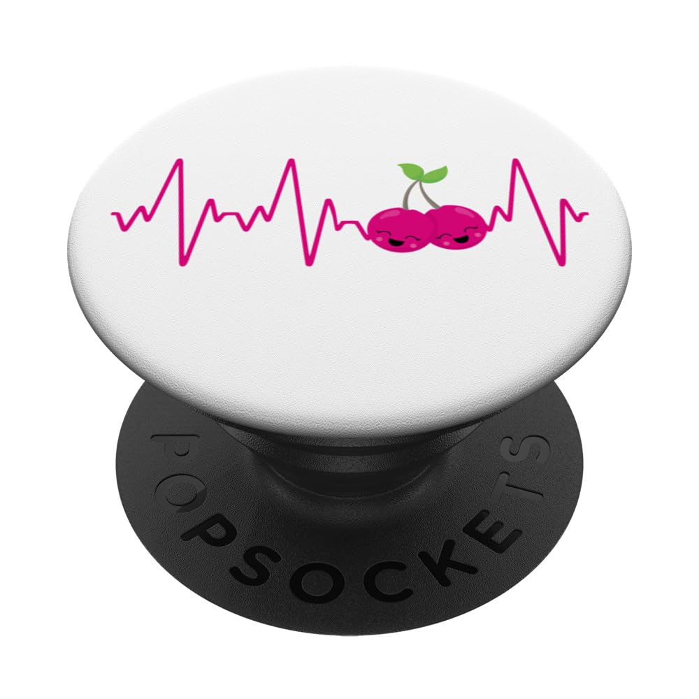 Kawaii Valentines Cherries Heartbeat Love Heart Graphic PopSockets Swappable PopGrip