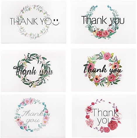24 Thank You Cards Set,4 x 6 inch Thank You Note with Envelopes for Wedding,Baby Shower,Bridal,Mother's Day, Bussiness,Anniversary,Blank Inside 6 Design Greeting Cards Set (Flower)