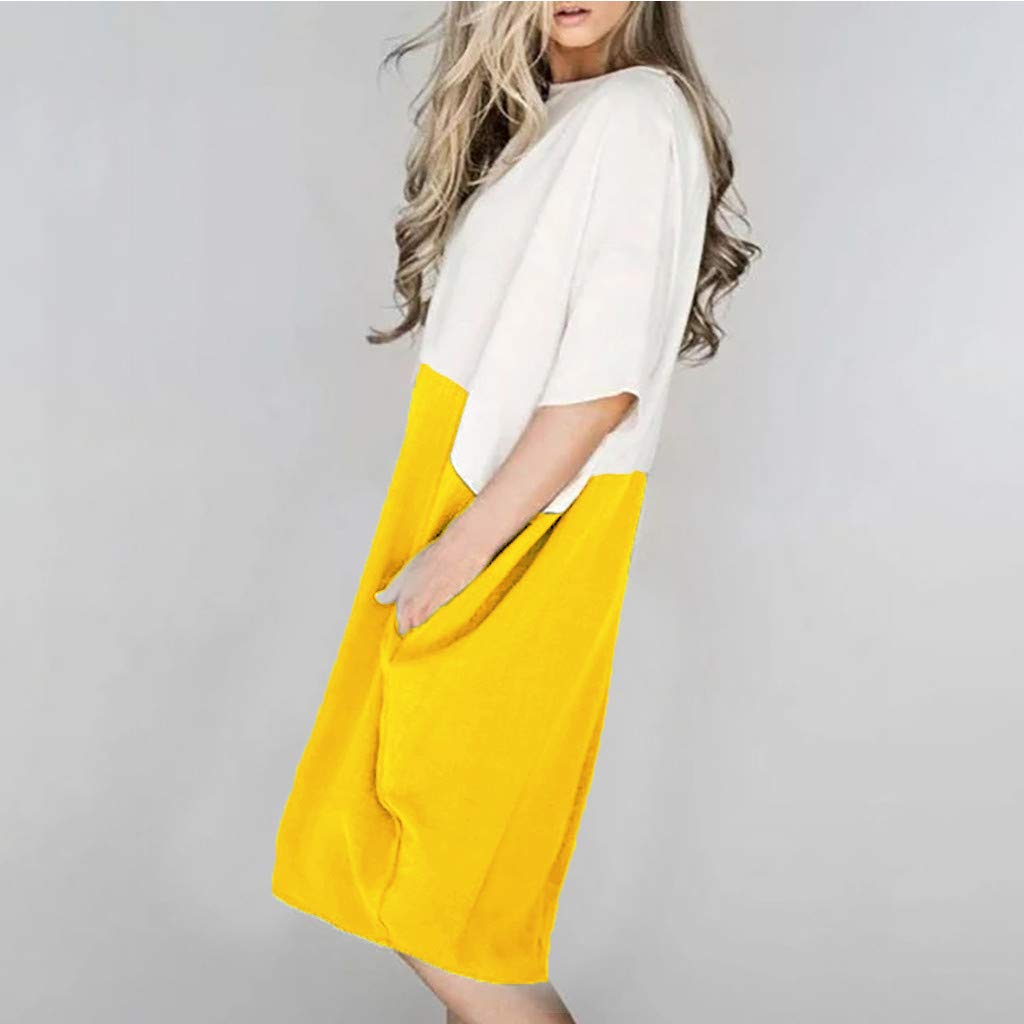 POTO Women Dresses, Loose Color Stitching Casual Dresses with Pockets Cotton Linen Tunic Dress Party Dress Beach Dress