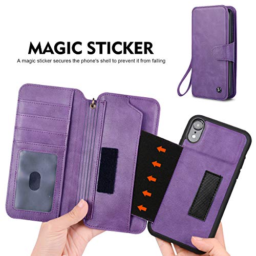 iPhone Wallet Case for XR, CORNMI Zipper PU Leather Purple Wallet Case Cover Credit Card Holder Slot Cases with Kickstand Flip Folio Cover for iPhone XR 6.1" - Thumbnail 5
