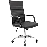 Furmax Ribbed Office Desk Chair Mid-Back PU Leather Executive Conference Task Chair Adjustable Swivel Chair with Arms (Black)