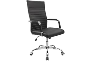 Furmax Ribbed Office Desk Chair Mid-Back PU Leather Executive Conference Task Chair Adjustable Swivel Chair with Arms (Black)