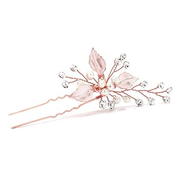 Mariell Handmade Rose Gold Bridal Hair Pin Stick Silvery Leaves Freshwater Pearls Crystal Sprays