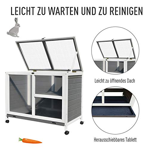 PawHut Kaninchenstall aus Holz Hasenstall mit 2 Etagen Freilaufgehege Rädern Klappdach Rampe Tablett, Winterfest Meerschweinchenstall Kleintierstall Kaninchenkäfig für Innen, 91,5 x 53,3 x 73 cm Grau – Bild 5