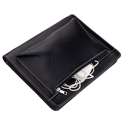 Black Leather Portfolio with Notepad Space for 10.5-inch / 11-inch iPad, Padfolio Case Business Zippered Organizer Document Folder with Letter Size Notepad Holder