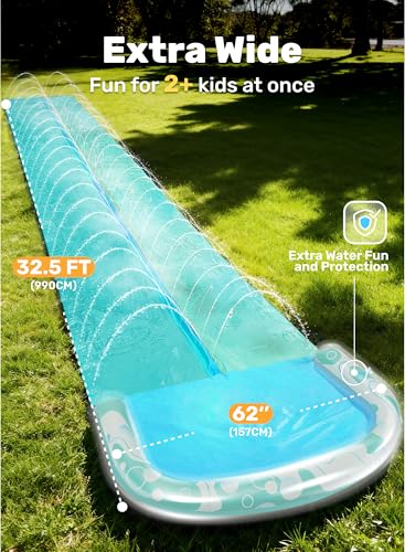 JOYIN 32.5ft/999cm Water Slide with 2 Inflatable Boards, Extra Long Heavy Duty Double Slide with Sprinkler, Summer Toy for Kids and Adults, Blue, Light Blue