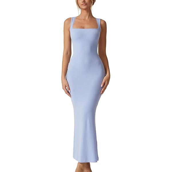 QINSEN Women's Square Neck Long Sleeve Maxi Dress Ribbed