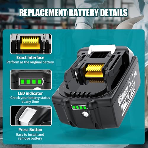 Leyootoolelec Replacement Battery for Makita 18V: 2-Packs 6.0Ah Lithium-ion Batteries Compatible BL1860B BL1850B BL1840B BL1860 BL1850 - with DC18RC Charger for Makita 18V Batteries