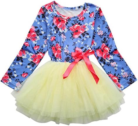Anxinke Girls Floral Printed Long Sleeve Top Splice Tulle Princess Dress With Bowknot (6T)