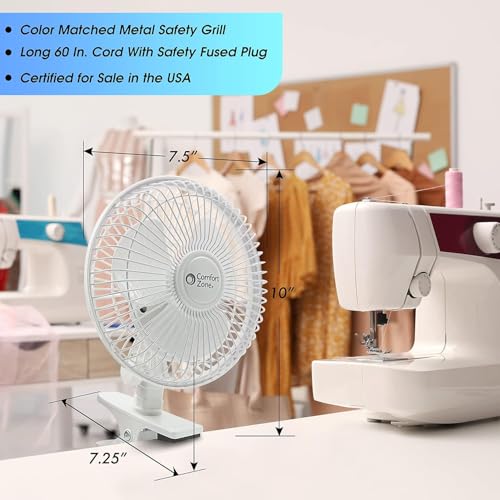 Comfort Zone Portable Clip on Stroller Fan, 6 inch with Fully Adjustable Tilt, Quiet 2 Speed Bedside Fan, Mini Desk Fan, Table Fan, Easily Clip on to Desk, Stroller or Bedroom Nightstand, Black