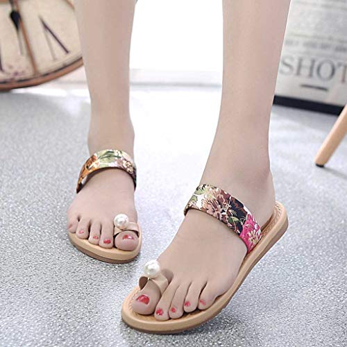 Anshinto Beach Flip Flop for Women, Summer Pearl Floral Print Sandals Non-Slip Flat Sandals Sweet Flower Slippers Shoes (7.5 B(M) US, Red)