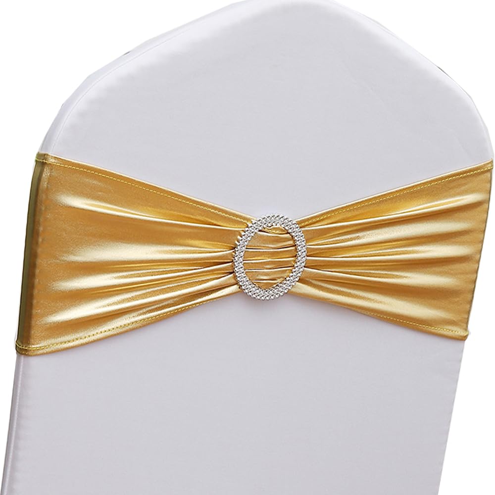 Photo 1 of Gankar Gold Chair Sashes 100 Pack, Spandex Sashes for Chairs Wedding Reception, Stretch Chair Bands Bows for Party Banquet Theme Event Decor