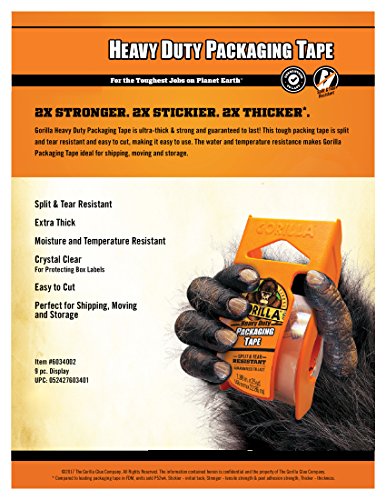 Gorilla 6034015 Heavy Duty Packing Tape Multipack with Dispenser, 1.88" x 25 Yd, Clear, 6 Piece