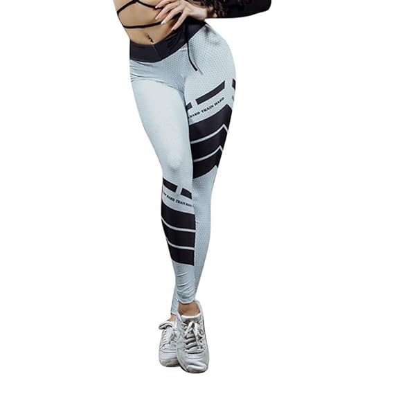Dorical Damen Hohe Taille Brief Print Leggings Sport Gymnastik Yoga Workout Fitness Sportlich Hosen Spielraum