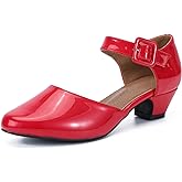 LIURUIJIA Women's Low Block Chunky Heels Closed Toe Ankle Strap Work Wedding Dress Pumps Shoes Red 38 US 7