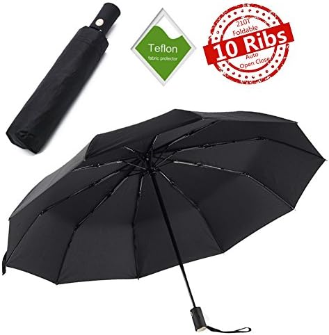 XYZDOUBLE Compact Travel Umbrella Windproof 60 MPH 10 Rib Golf Umbrella with Auto Open Close -210T Canopy UV Protection -46 Inch Black Foldable Portable Umbrella for Women / Men
