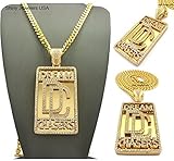 MENS DREAM CHASER ICED OUT HIP HOP CZ PENDANT FRANCO OR CUBAN CHAIN NECKLACE SET (Gold Cuban Chain Set)