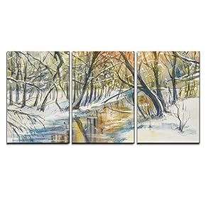 Watercolor Painting of Winter Landscape: River in Fores...