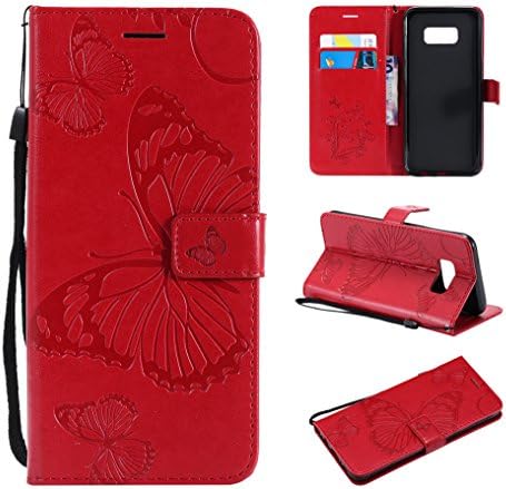 Galaxy S8 Plus Wallet Case,SMYTU Premium Emboss Butterfly Pattern Flip Wallet Shell PU Leather Magnetic Cover Skin with Wrist Strap Case for Samsung Galaxy S8 Plus 6.2"(B-Red)