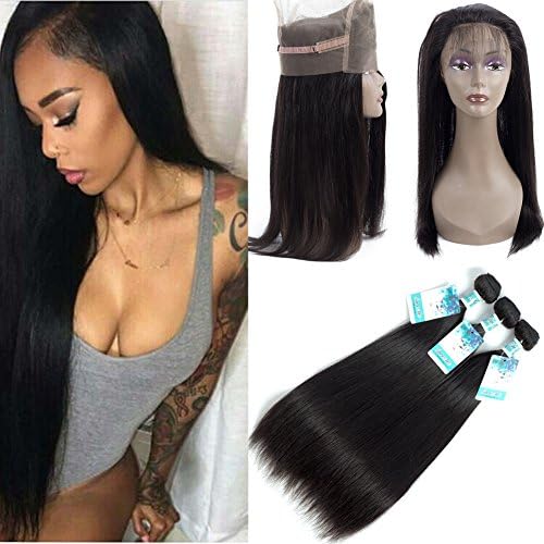 Sweeite Hair 360 Lace Frontal With Straight Hair Unprocessed Virgin Peruvian Straight Hair 3 Bundles With 360 Frontal Closure With Baby Hair Natural Color (22 24 26 with 20)