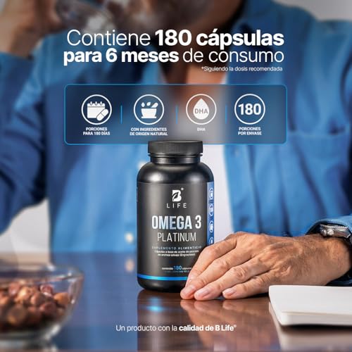 Omega 3 Aceite de Anchoa Salvaje con 180 Cápsulas de 1000 mg. Libre de Metales Pesados. Ingredientes Naturales. Omega 3 Platinum B Life.