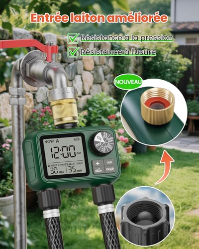 2 Way Water Timer with Brass Inlet, Large LCD Display, Automatic Watering for Garden, Programmable Irrigation, Simple Use, Rain Delay Manual Watering for Lawn