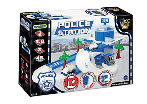 Wader 53520 - Play Tracks City Polizeistation auf zwei Ebenen mit drei Fahrzeugen und 3,8 m Spielstraße, ab 12 Monaten, ideal als Geschenk für kreatives Spielen