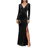 Hdsmfos Long Sleeve Velvet Dress for Women Formal Long Mermaid V Neck Bridesmaid Dresses with Slit
