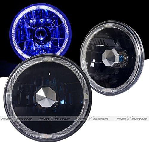 Universal 7" Round Blue Halo LED DRL Black Headlights Head Lamps Pair
