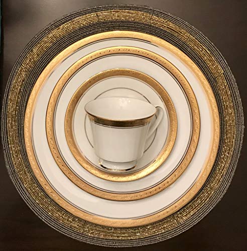 Decozen Handmade Round Beaded Placemat for Coffee Table Dining Table High Quality Beads Heat Resistant Scratch Proof and Easy to Care Kitchen Décor Table Mat with Diameter 14 inches - Gold/Smoke