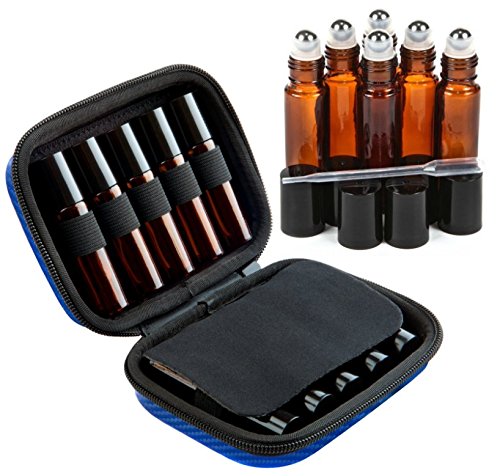 Roller Bottle Essential Oil Carrying Case & Accessories - Holds TEN 5ml & 10ml Roller Bottles- Comes W/ 6 Amber Glass Stainless Steel Roll-On Ball Bottles FREE Roller Bottle Opener Tool - Blue