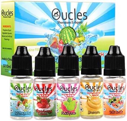 E Liquid E Juice, Oucles 5 X 10ml E Liquid Mixed Fruits|Tulli Fruilli|Strawberry Cream|Hizenburg|Banana|Pink Lemon|Made for Electronic Cigarette and E Shisha|No Nicotine