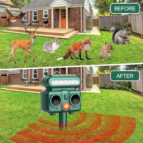 OBEST Solar Powered Animal Deterent, Ultrasonic with Light for Home Yard, Waterproof Animal Chase Device for Cat Raccoon, Sound Frequency 8kHZ