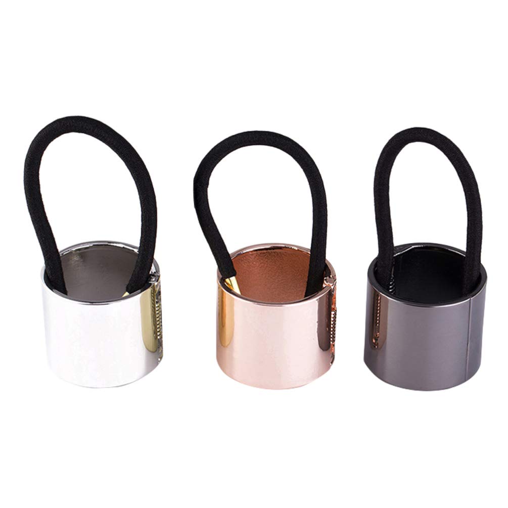 FRCOLOR 3pcs Ponytail Hair Cuff Hair Ties Metal Circle Ponytail Holder Gothic Punk Accessories Elastic Hair Band Hair Rope for Women Girls (Silver + Rose Gold + Black)
