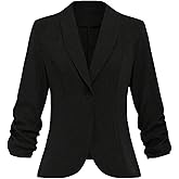 winkbay Women's Ruched 3/4 Sleeve Blazer Elegant Button Shawl Collar Business Casual Jackets