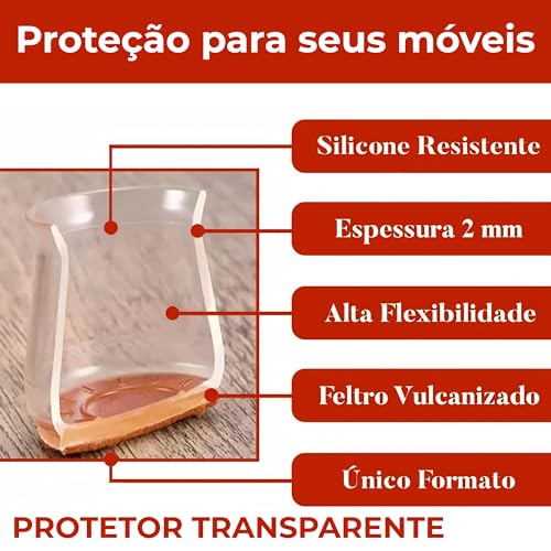 Kit 16 Protetor de Silicone Com Feltro Para Pés de Cadeira, Mesa, Banqueta - Protetores Para Móveis de até 4cm | Anti risco, Reduz Ruído, Lavável, Antiderrapante, Fácil de Instalar