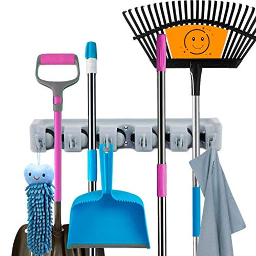 Pasutewel Mop and Broom Holder - 5 Position with 6 Hooks Garden Tools Wall Closet Mounted Organizer Storage Rack for Kitchen, Garden, Garage and Laundry Offices (2 Pack)