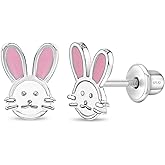 925 Sterling Silver Pink & White Enamel Bunny Screw Back Earrings, Bunny Rabbit Earrings for Young Girls & Preteens- Animal Enamel Studs for Children's Daily Wear, Rabbit