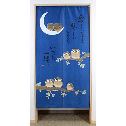 NARUMI 鸣海 Japanese Noren Curtain, Owls on Tree, Blue, W 850" x L 1700" (1 Panel), Living Room